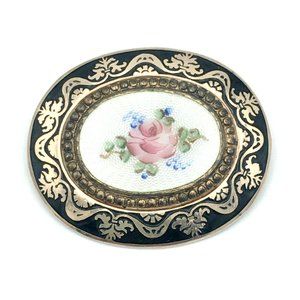 ROSE brooch with guilloche enamel  & niello  - vtg 1.5" oval detailed floral pin